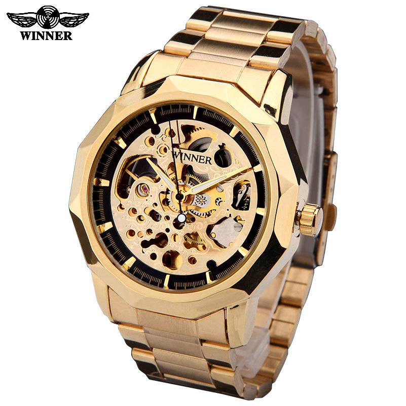 WINNER WINNER Gold Watch นาฬิกาข้อมือผู้ชาย Skull นาฬิกากึ่งอัตโนมัติสายเหล็ก 4.6