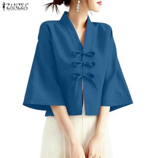 ZANZEA สไตล์เกาหลีสำหรับผู้หญิง ดีไซน์โบว์ไทด์ คอวี แขนยาว 3…