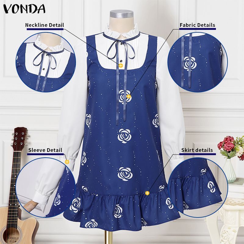 VONDA ผู้หญิงเกาหลี Girlish Stand-Up Collar, แขนยาว, ตัดแต่งหูสีดํา, กุทัณฑ์สีตัดกันและจีบดอกไม้ชุดปลอมสองชิ้น — صورة 8