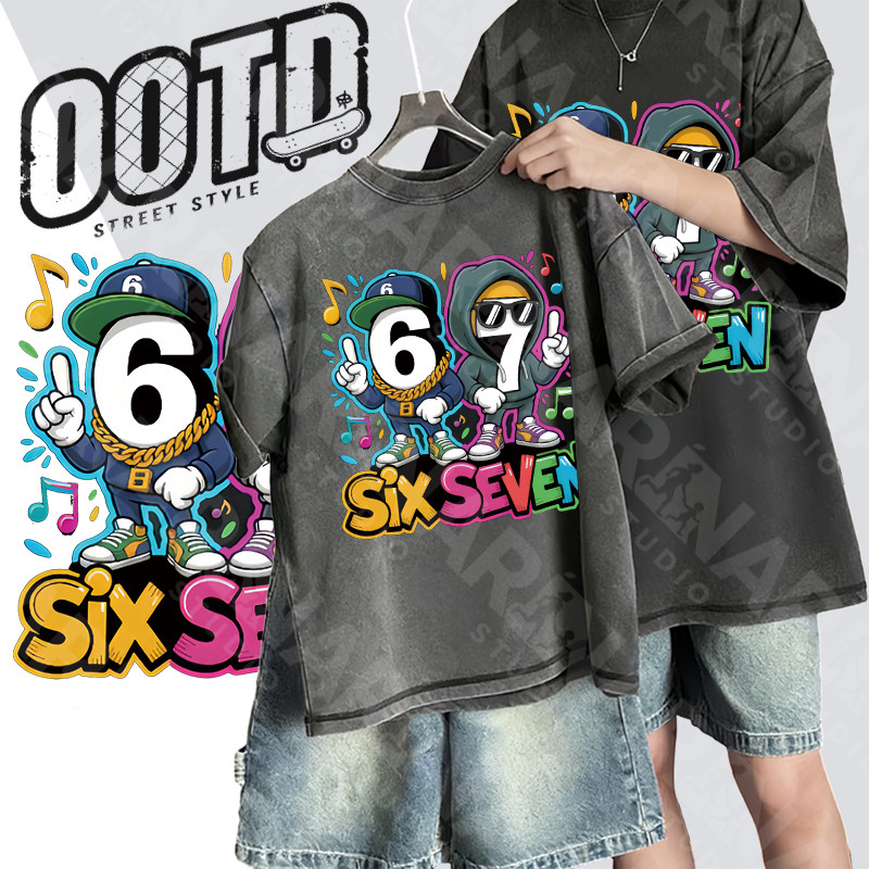 🔥พร้อมส่ง&COD🔥RINA STUDIO🔥 Six Seven 67 เสื้อยืดวินเทจสกัดสี ชุดครอบครัวใหม่ 2025 ชุดพ่อแม่ลูก ใส่สบาย ผ้าฝ้ายแท้100%#SX