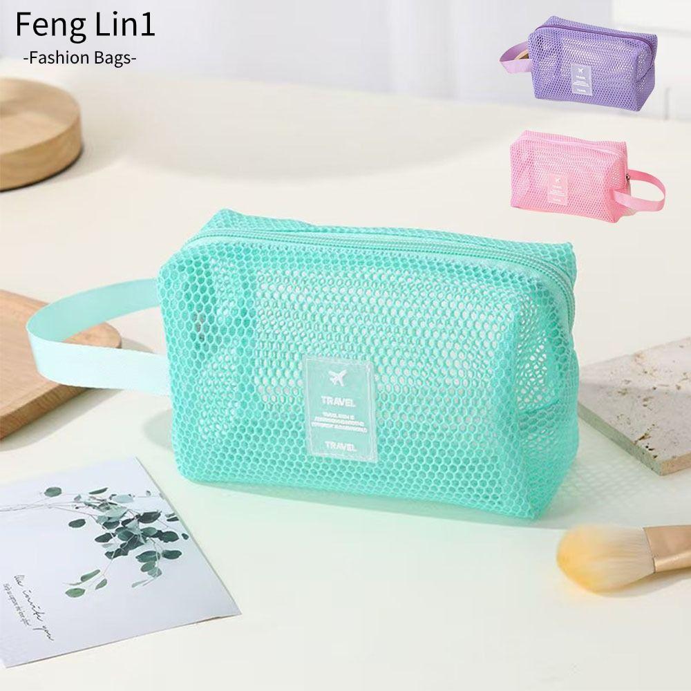กระเป๋าเครื่องสําอาง FENGLING, กระเป๋าเก็บตาข่ายความจุขนาดใหญ่ Hollowout, แป้งแต่งหน้าสี Dopamine น้ําหนักเบา
