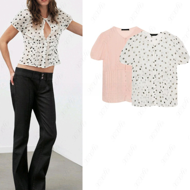 ฤดูใบไม้ผลิสินค้าใหม่ผู้หญิงทรงสลิมคอกลมพัฟแขนสั้น Georgette Translucent Top 4764044