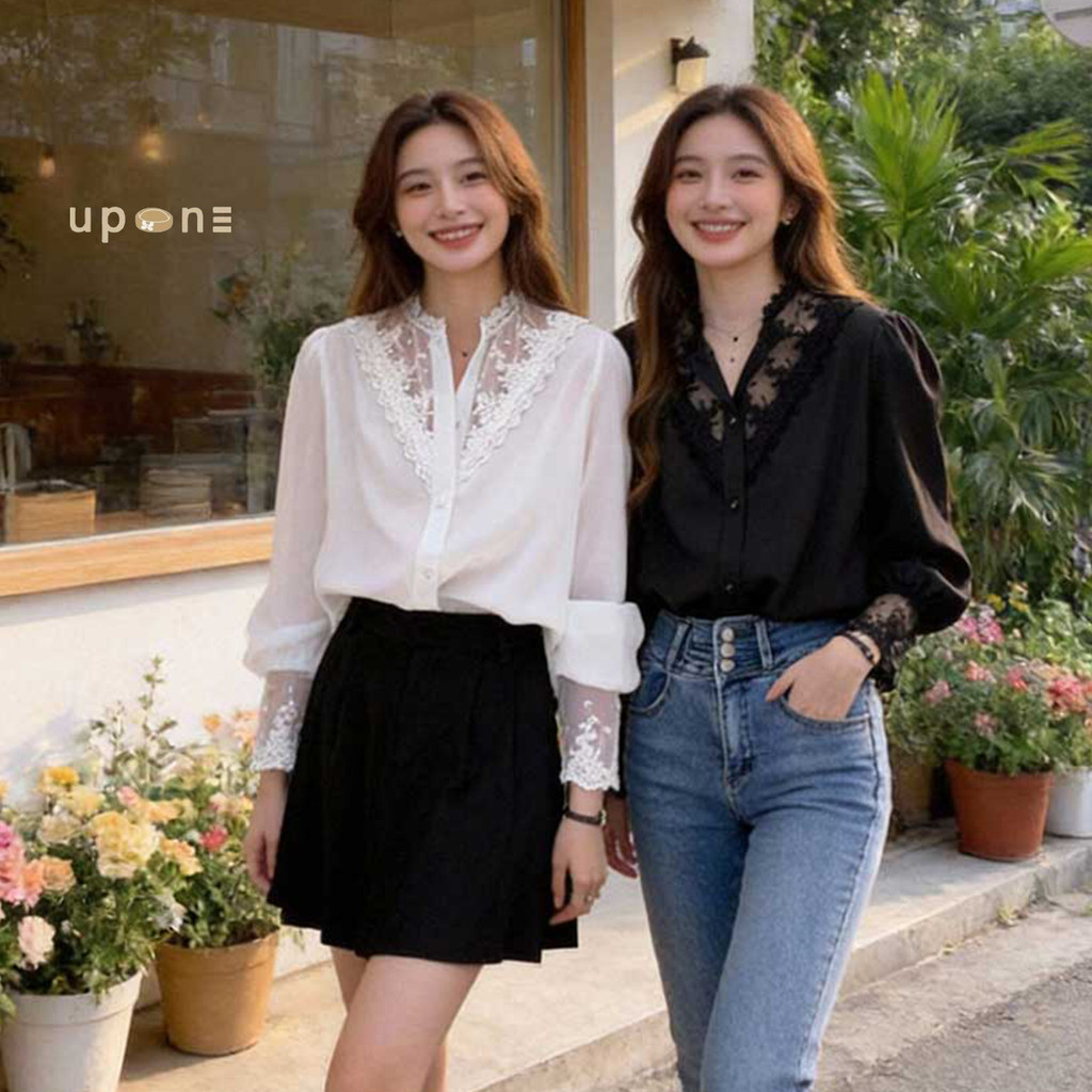 เสื้อเชิ้ตแขนยาว ลูกไม้แขนยาว ต่อผ้า ใส่ได้ทั้งทำงานและเที่ยว