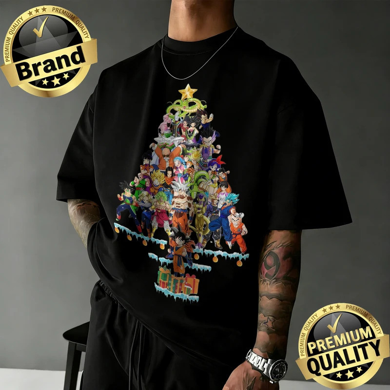 เสื้อยืดคอตตอนลายดราก้อนบอลรุ่นใหม่ปี 2026 ทรงโอเวอร์ไซส์สำหรับทุกเพศ ลายต้นคริสต์มาสสไตล์วินเทจ เหม