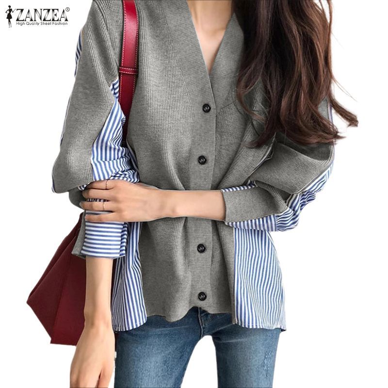 ZANZEA ผู้หญิงเกาหลีฤดูใบไม้ร่วงฤดูหนาว Niche Design V คอยาวแขนยาวลาย Patchwork เสื้อสเวตเตอร์ถักหลวม