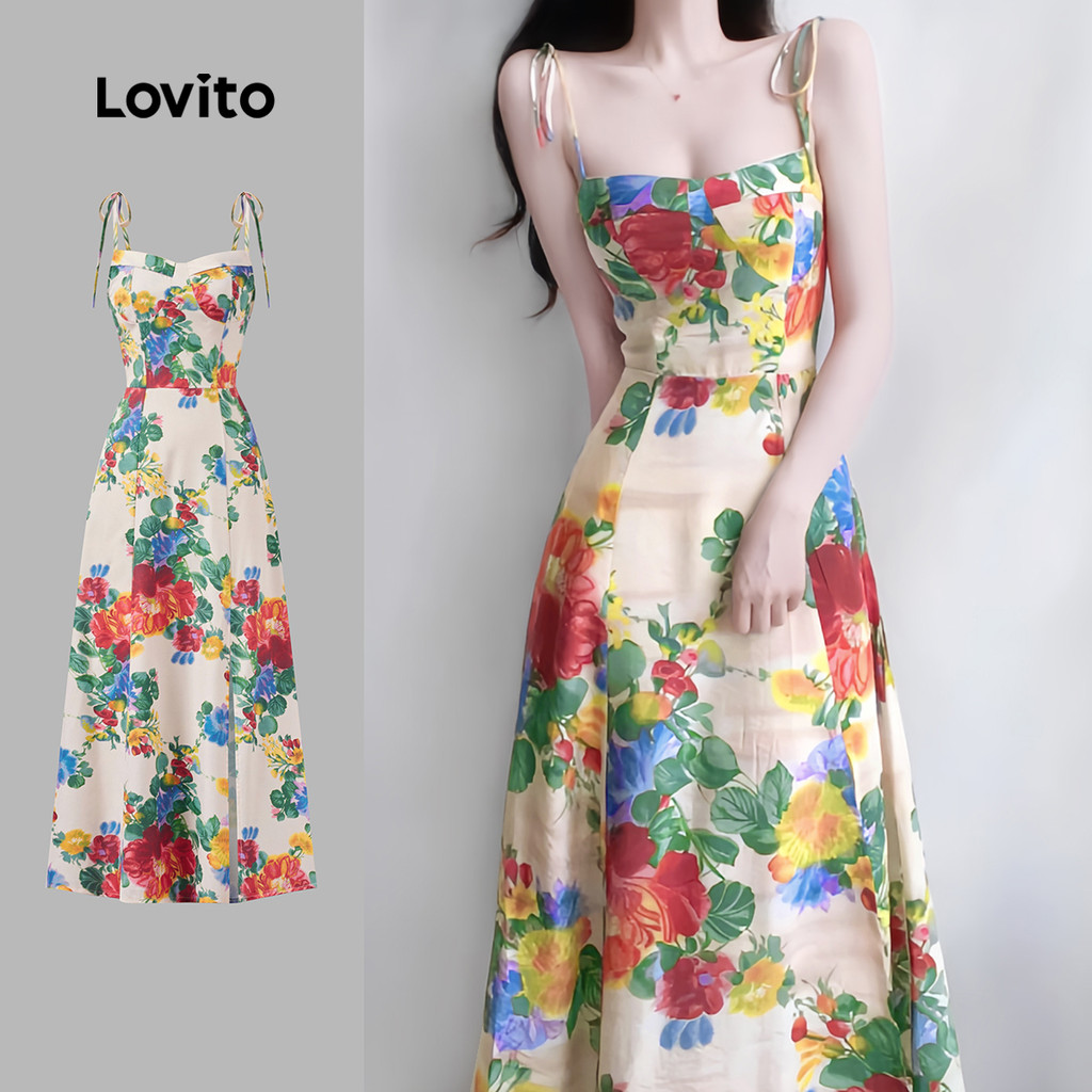 Lovito ชุดเดรสสไตล์โบโฮลายดอกไม้ เดรสฤดูร้อน/ฤดูใบไม้ผลิสำหรับผู้หญิง L123ED303