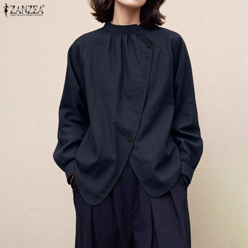 Zanzea เสื้อแขนยาวสไตล์เกาหลี ดีไซน์เอจี้ อสมมาตร พลาเก็ต สบายๆ ในทรง H-shaped — صورة 4