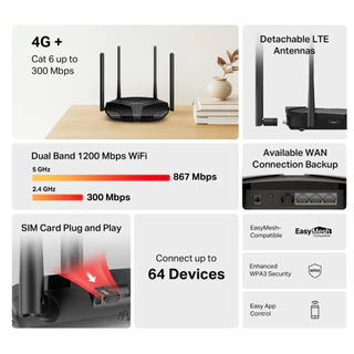 MERCUSYS MB235-4G 4G+ Cat6 AC1200 Wireless Dual Band Gigabit Router เราเตอร์ซิมการ์ด 4G+