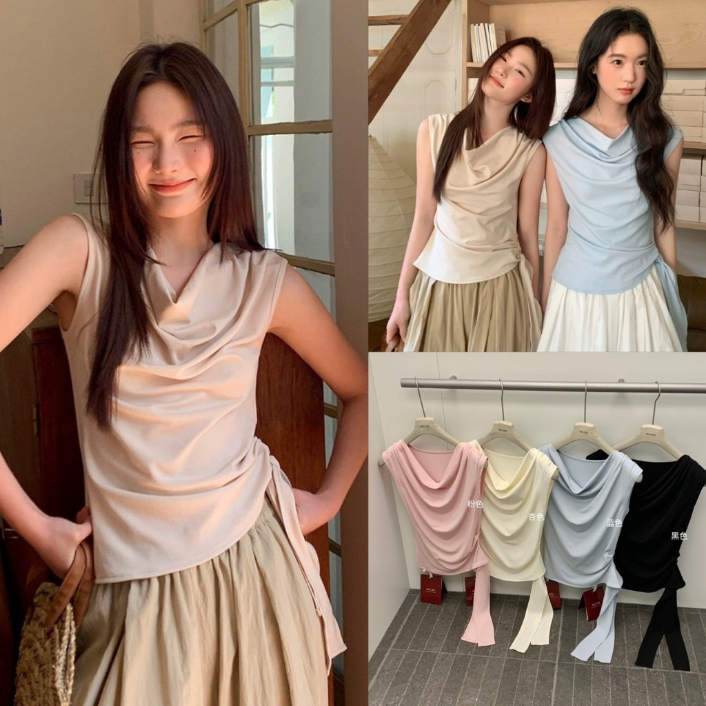 W8833 เสื้อแขนกุด คอถ่วง แต่งเชือกที่ชายเสื้อ จับจีบเล็กน้อย แฟชั่นเกาหลี TAG WG.WE
