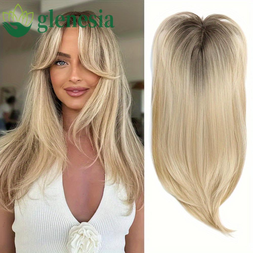 GLENESIA Layered Hair Topper พร้อม Bangs, Clip-on Synthetic Straight Hair Extension ทรงผมบังหน้าธรรม