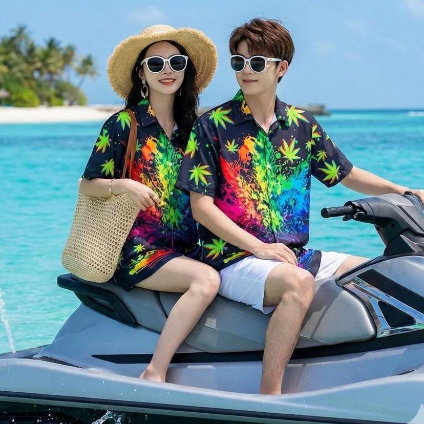 เสื้อฮาวายลายใหม่ ทรงวัยรุ่น หญิงชายใส่ได้ ผ้าโพลีพรีเมี่ยม ไซส์38-56นิ้ว งานปัาย ลายคมชัด **1ตัว**