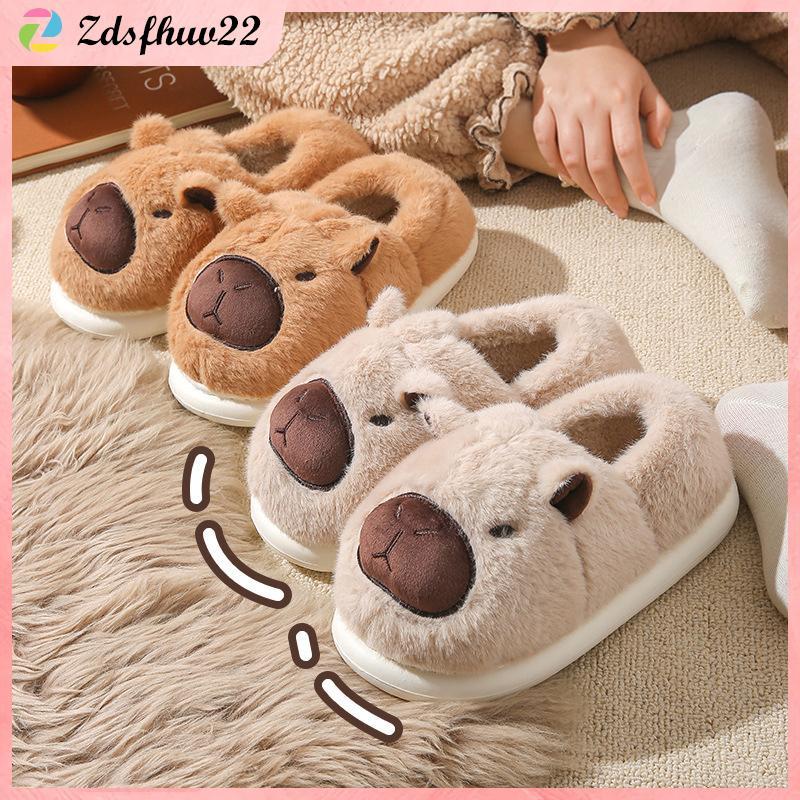 จัดส่งด่วน🚀[ZFV] รองเท้าแตะ Plush Capybara รองเท้าแตะปิดนิ้วเท้าน่ารักรองเท้าบ้านลื่นสบาย Furry เดินรองเท้าลื่นสําหรับห้องนอนในร่ม TH