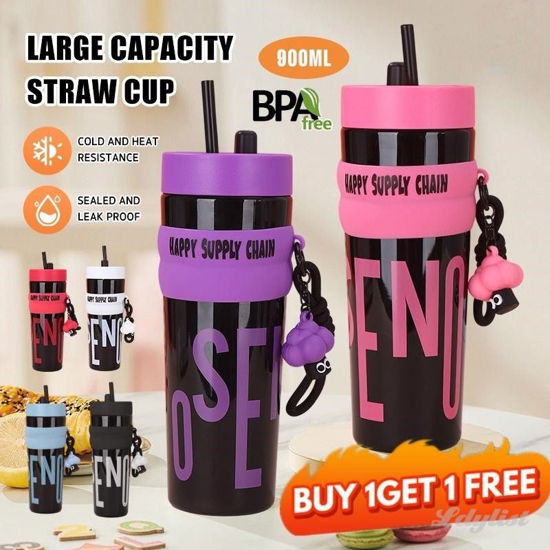 ღ 【ซื้อ 1 แถม 1】 ขวดน้ำกันรั่วซึม 900 มล. พร้อมหลอดดูดและเชือกสำหรับพกพา เหมาะสำหรับเดินทางและเล่นกีฬา