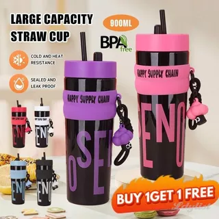 ღ 【ซื้อ 1 แถม 1】 ขวดน้ำกันรั่วซึม 900 มล. พร้อมหลอดดูดและเชือกสำหรับพกพา เหมาะสำหรับเดินทางและเล่นกีฬา
