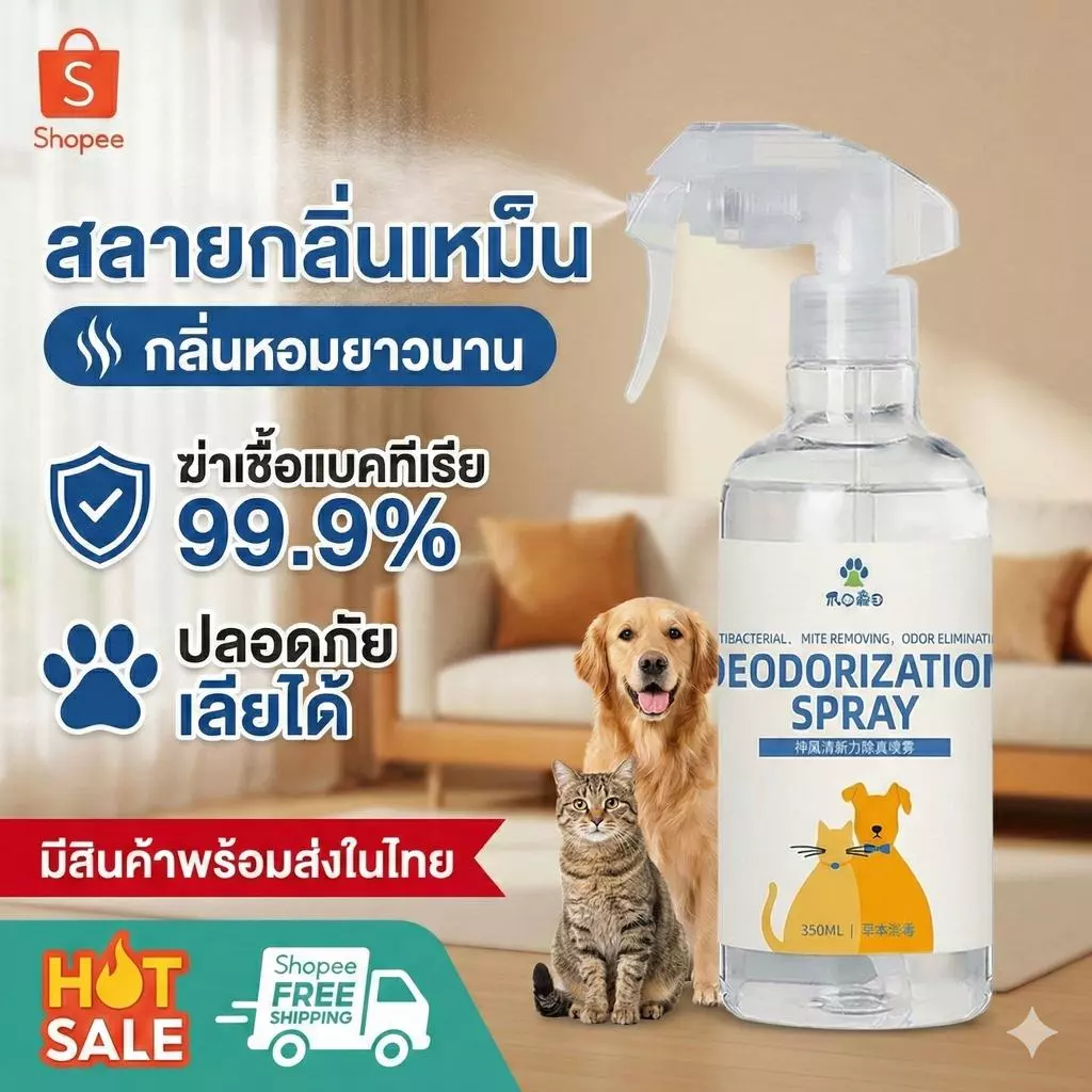 สเปรย์ดับกลิ่นฉี่หมาแมว ขจัดกลิ่นเหม็นสาบ ดับกลิ่นทรายแมว ยับยั้งแบคทีเรีย สูตรสมุนไพรธรรมชาติ ปลอดภัย เลียได้ ไม่ฉุน หอมติดทนนาน
