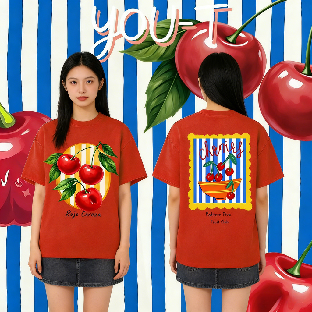 TeeTwoOne เสื้อน่ารัก oversize ผ้าCotton 100% คอกลม เสื้อแฟชั่น 'Cherry' สบายและนุ่มเสื้อยืดผู้หญิง S-3XL【COD】