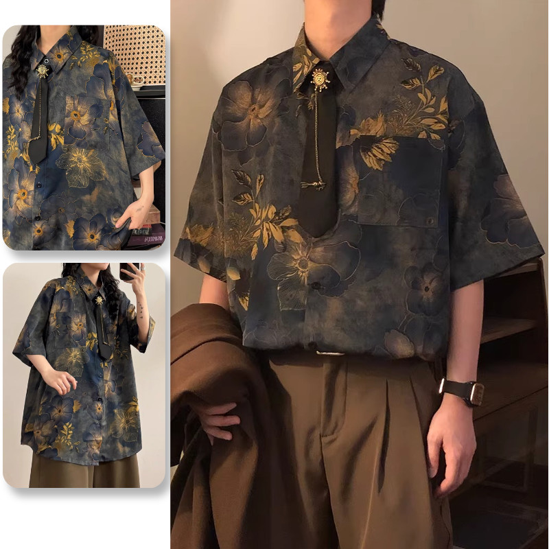 เสื้อเชิ้ตผู้ชายแขนสั้น สไตล์ญี่ปุ่นย้อนยุค พิมพ์ลายฮ่องกงจากซุยโคเนะ