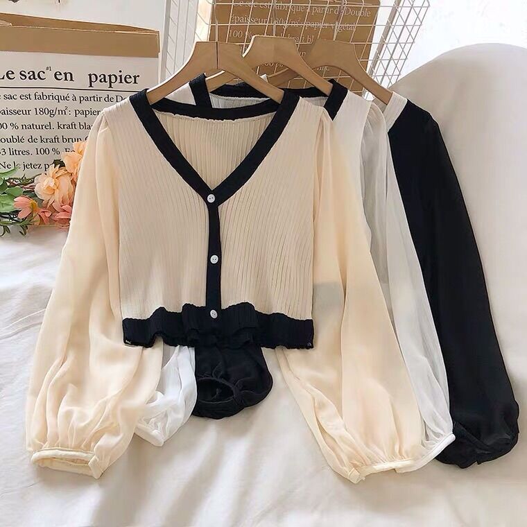 LL Pay: Fashion talent .shop ⭐️เสื้อครอปคอวีแขนชีฟอง823