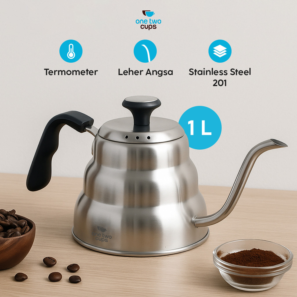 One Two Cups Gooseneck Coffee Pot เครื่องวัดอุณหภูมิ Pour Over Drip Kettle 1L - RT-20 - RHHT07SV