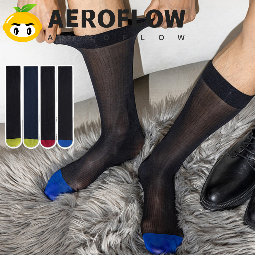 AEROFLOW Men Thin Dress Tube Socks, Stripe Sheer Patchwork Business Stocking, Breathable Middle Tube