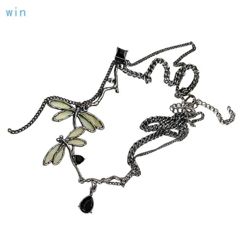 Elegant Gunmetal Odonate Pendant Necklace Unique Clavicle Chain Fashion Jewelry