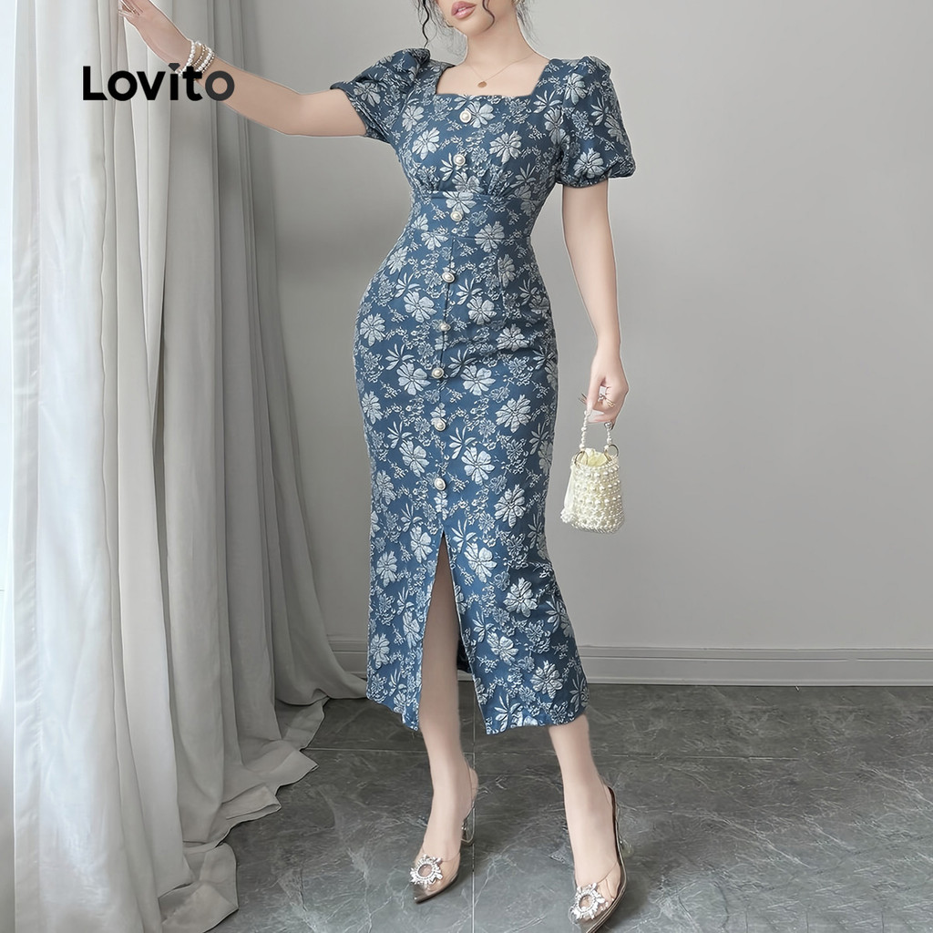 Lovito ชุดลำลองสไตล์ฝรั่งเศสสบาย ๆ สไตล์เงียบ ๆ ของไข่มุก เดรสสีฟ้า สำหรับผู้หญิง ฤดูใบไม้ผลิ/ฤดูร้อน L150AD1621 ราคา ถูกที่สุด ดีลบีเคเค แกลเลอรีภาพที่ 3