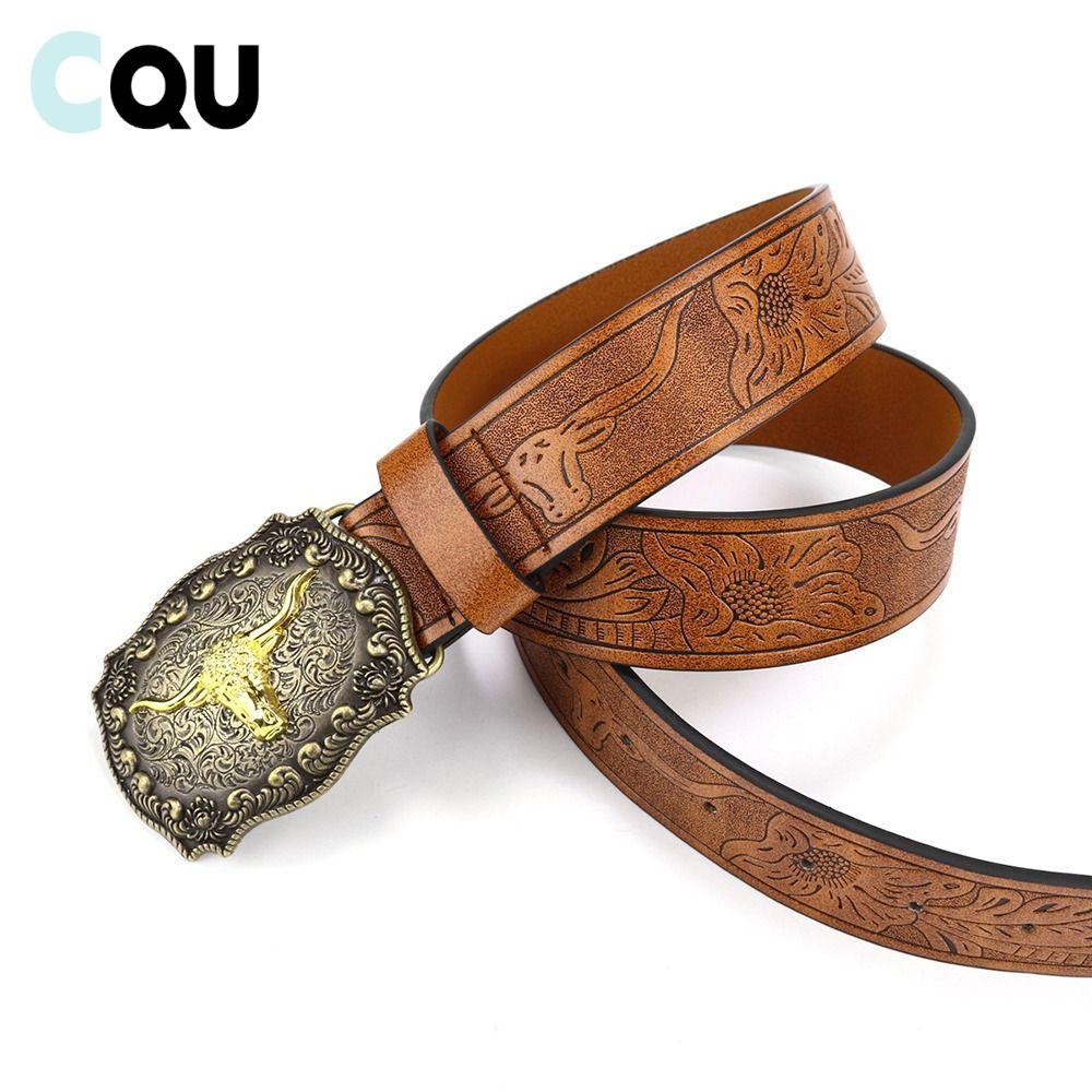 CQU Mens Western Cowboy Belt, PU Leather Bull Pattern Buckle Belt, Retro Wide Vintage Waist Belt Men