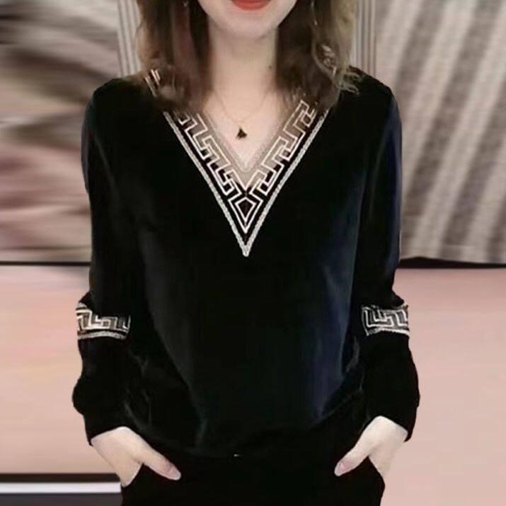 🌻Grace🌻เสื้อเชิ้ตคอวีแขนยาวทรงหลวมสำหรับผู้หญิง เสื้อเชิ้ตซับในผ้าฟลีซ สีทอง ไซส์ใหญ่ คอลเลคชั่นใหม่ 99219