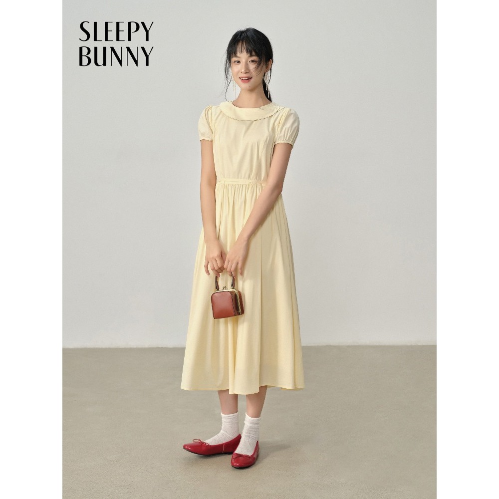 SLEEFY BUNNY Elegant French Puff Sleeve Dress ปัก Maxi Gown ฤดูร้อน Slimming เอวลําลองผู้หญิงคอเรือแ