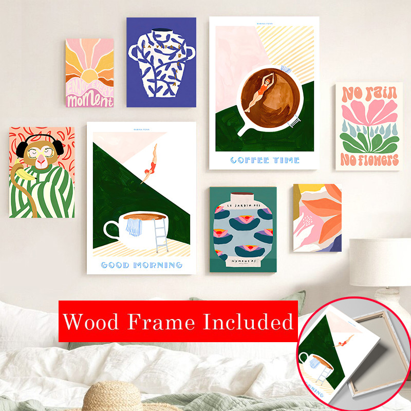 (พร้อมกรอบ) โปสเตอร์บทคัดย่อลิงแจกันดอกไม้กาแฟสาว Wall Art ภาพวาดผ้าใบ Nordic Room โมเดิร์นสีพิมพ์ภาพสําหรับตกแต่งบ้าน