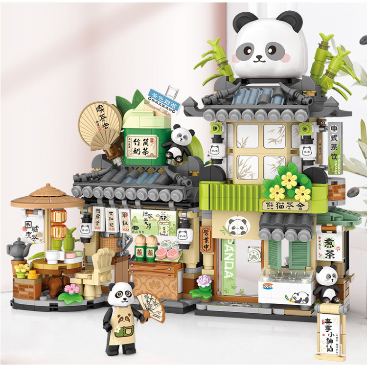 1383 Panda Tea House อนุภาคขนาดเล็ก Building Blocks Street View Coffee Shop Interlocking Blocks ของเ