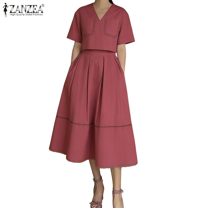 ZANZEA ชุดทำงานสไตล์เกาหลีสำหรับผู้หญิง แบบ V-neck แขนสั้นมีกระเป๋า A-Line ดีไซน์หรูหรา
