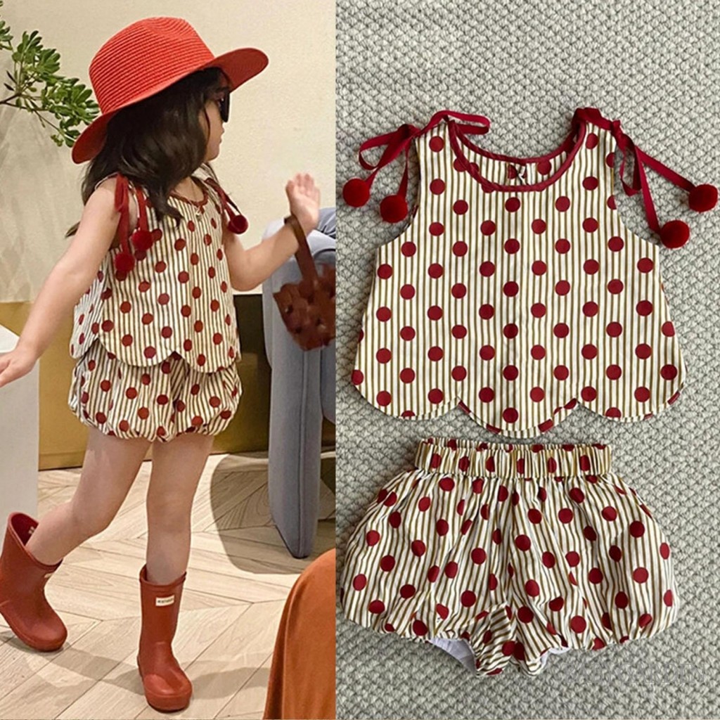 6M-5Y เด็กทารกหญิงฤดูร้อน 2 ชิ้นชุดแขนกุด O คอ Dot พิมพ์เสื้อกล้าม + กางเกงขาสั้นโคมไฟ