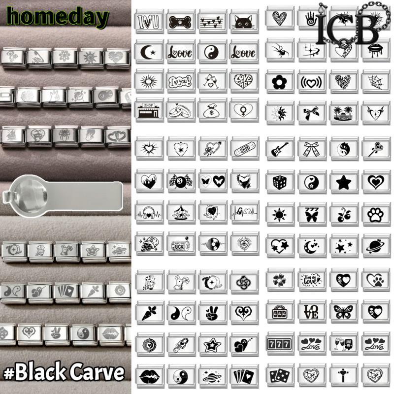 สร้อยข้อมือ ICB สีดำ ออกแบบ.Simple Carve อิตาเลียน Charm ขนาด 9 มม. จากสแตนเลส