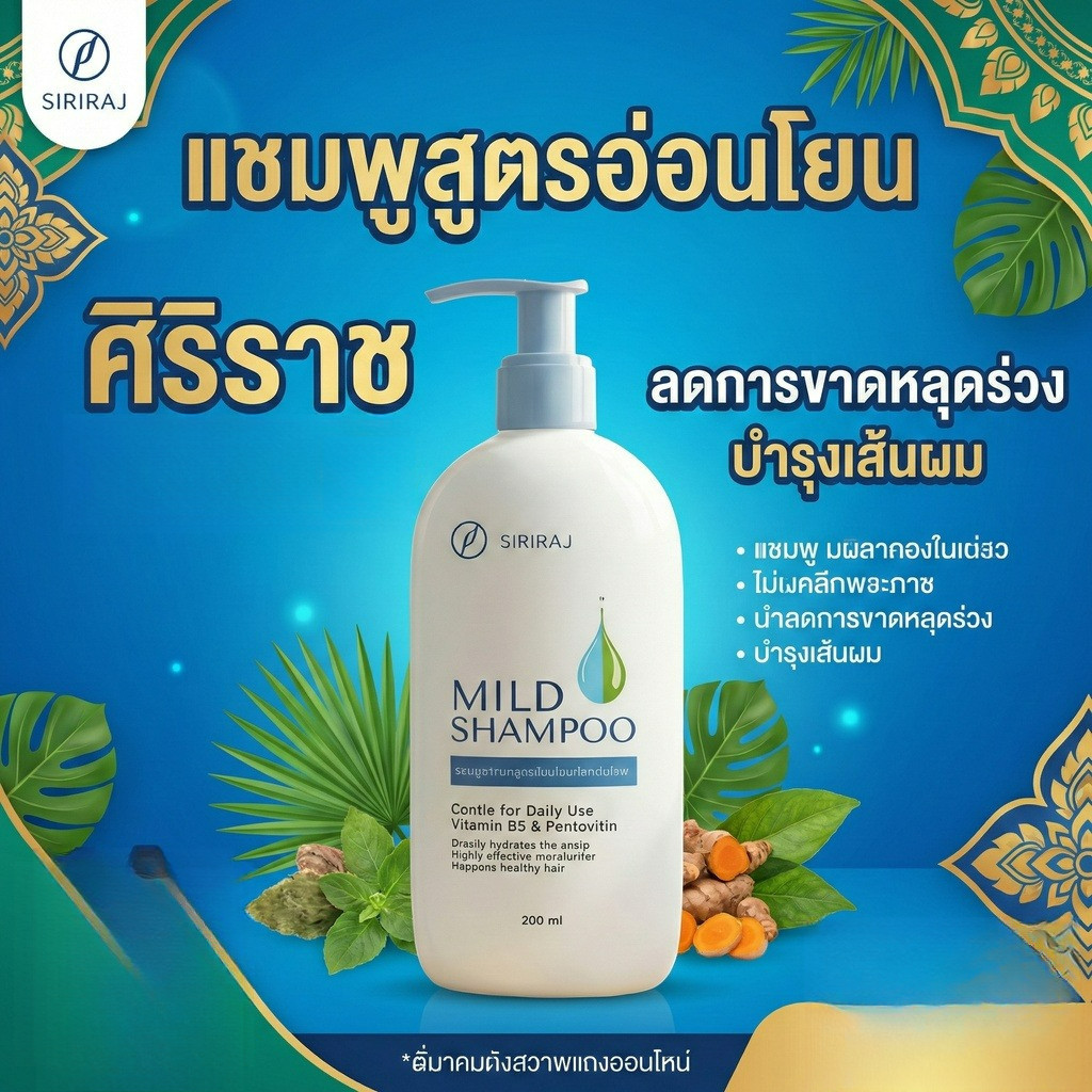 Siriraj Mild Shampoo ขวดปั้ม 200ml. ปราศจากน้ำหอม ปราศจากซิลิโคน