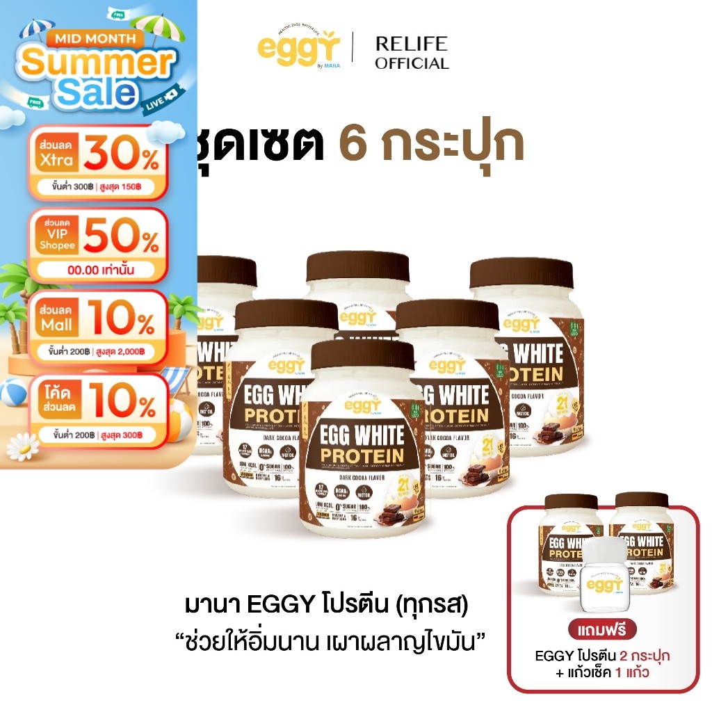 มานา โปรตีนไข่ขาว [6 แถม 2 + แก้วเชค] รสดาร์คโกโก้ Mana White Egg Protein โปรตีน สนยุกต์ เผาผลาญ คุม