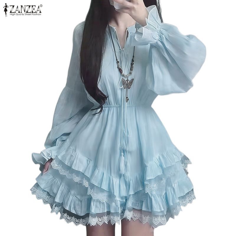 ZANZEA ผู้หญิงเกาหลีฝรั่งเศสหวานลูกเรือคอโคมไฟแขนชั้น Ruffles ลูกไม้ Splic A-Line ชุดเดรส