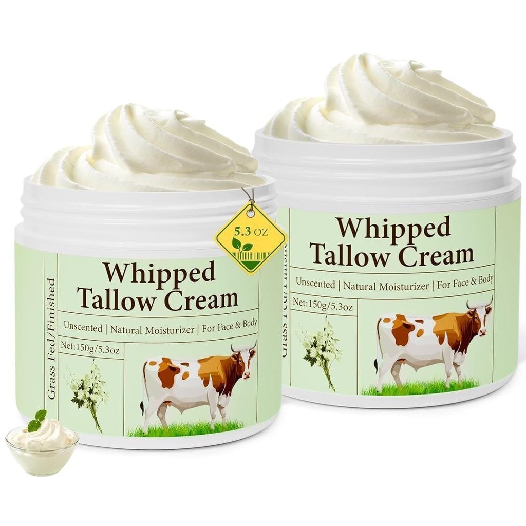 Whipped Beef Tallow for, Beef Tallow, Beef Tallow for Face, 2 Packs Unscented Grass Fed Whipped Tall