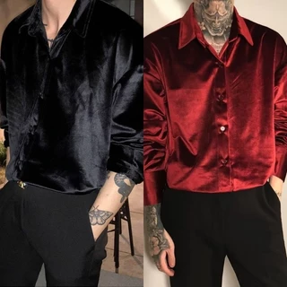 Velvet Loose Shirt เสื้อเชิ้ตผู้ชายผ้ากำมะหยี่เงางาม แขนยาวทรงOversize หรูหรา มี2สี ดำ/แดงไวน์ Size M-3XL
