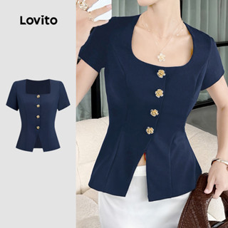 Lovito  เสื้อเบลาส์ผู้หญิงสีน้ําเงินกรมท่า แบบติดกระดุม ผ่าห…