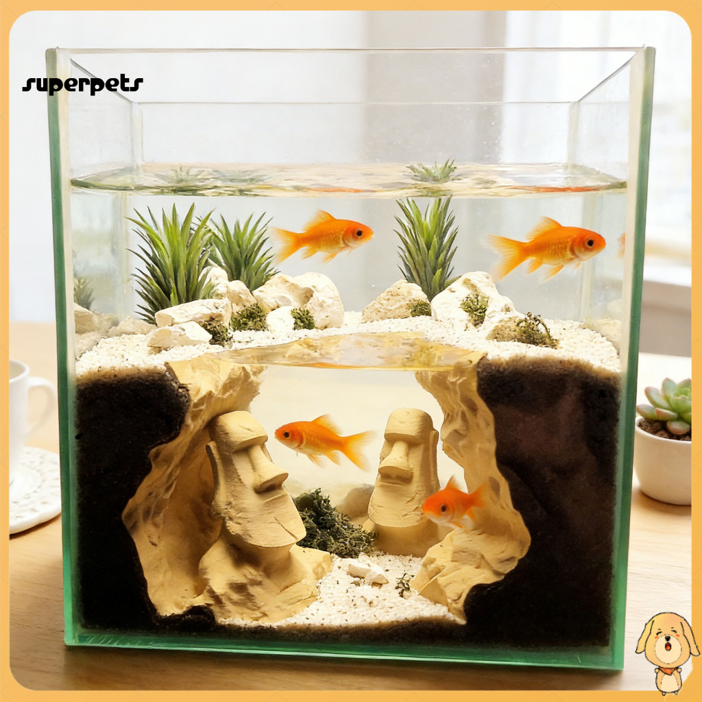 <COD>อุโมงค์ตู้ปลา Betta ถ้ําปลา Aquarium Cave อุโมงค์เกาะอีสเตอร์ Moai รูปปั้นใต้กรวด Hideout สําหร
