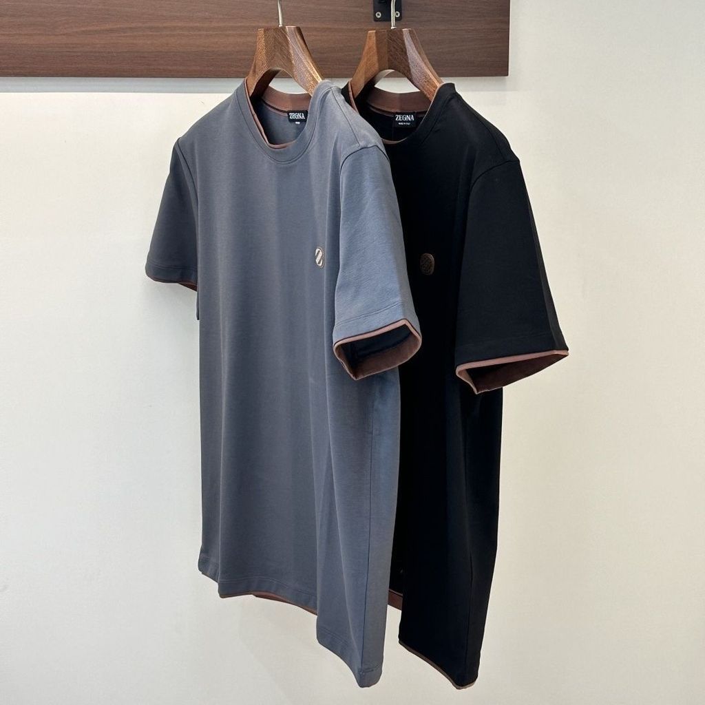 R31H Zegna New pure cotton men's solid color summer short-sleeve round-neck basic versatile casual s