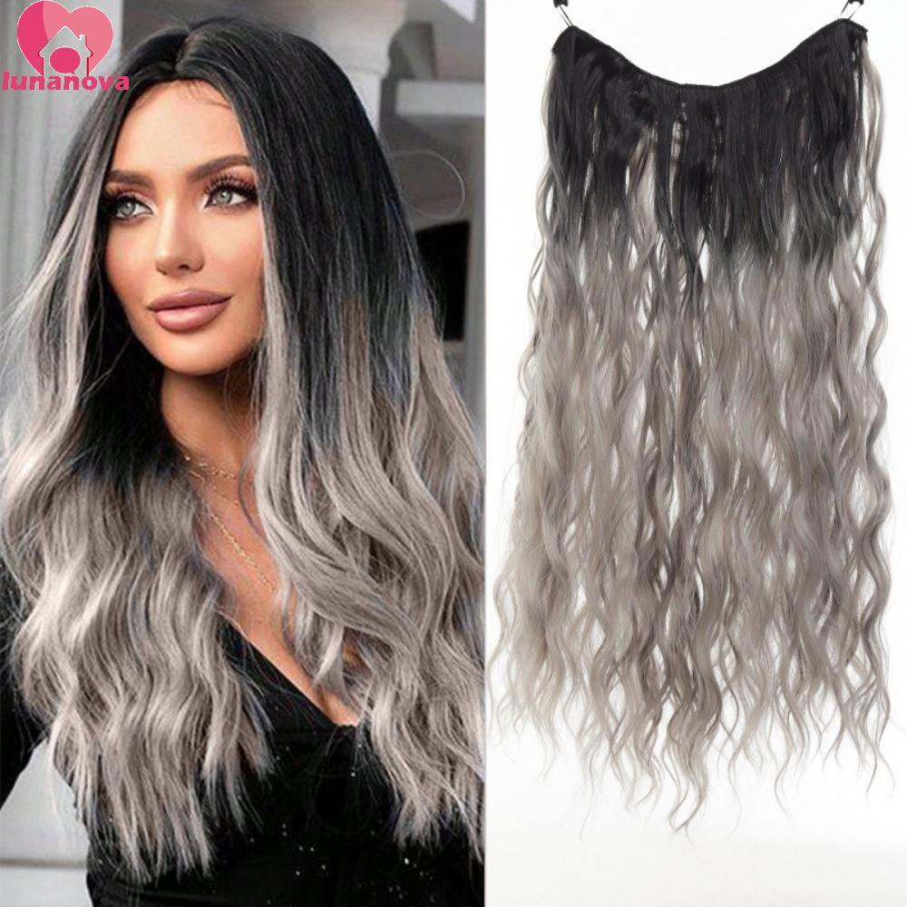 LUNANOVA ยาวน้ํา Wavy Hairpieces, สังเคราะห์สีน้ําตาล to Golden U-Shaped ครึ่งวิกผม,ไม่มีรอยต่อ 5 คล