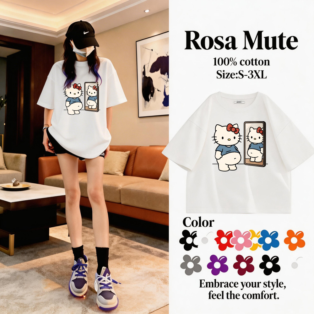 Rosa Mute เสื้อยืดแฟชั่นสวยๆ สำหรับสาววัย เสื้อสีขาวสีชมพูน่ารัก oversizeใส่สบาย การออกแบบกระจก