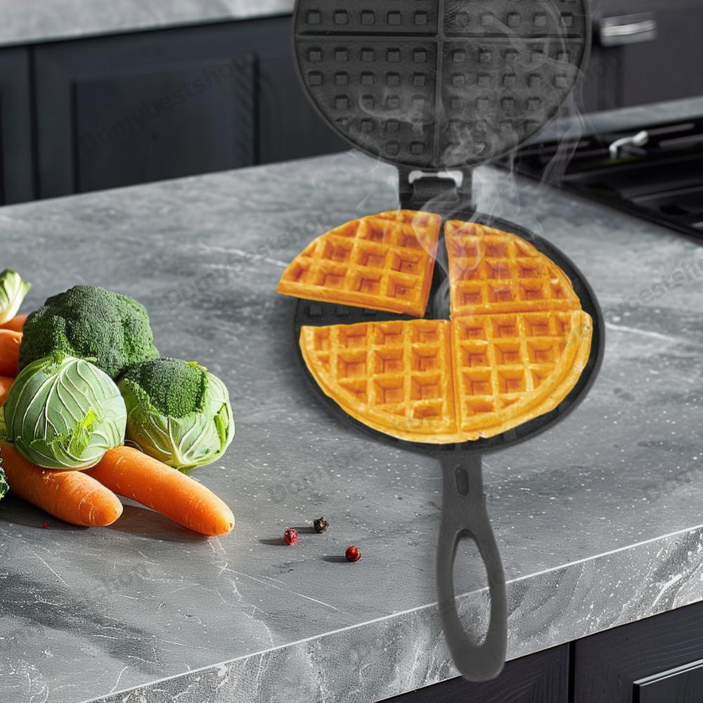 COD เครื่องทําวาฟเฟิลเหล็กหล่อ Pan Non-Stick Waffle Iron Round Waffle Cake Maker สําหรับเตาตั้งพื้นห