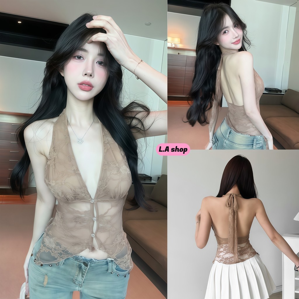 L.A Shop★พร้อมส่ง เสื้อแฟชั่นผู้หญิง เสื้อกล้ามสายคล้องคอ ลูกไม้ เจาะลาย-FY1183