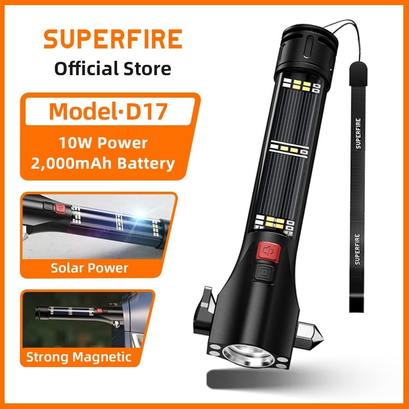 SUPERFIRE D17 10W ไฟฉาย LED แบบชาร์จไฟได้พร้อมค้อนนิรภัยในรถยนต์แบบชาร์จไฟได้มัลติฟังก์ชั่นไฟทํางาน