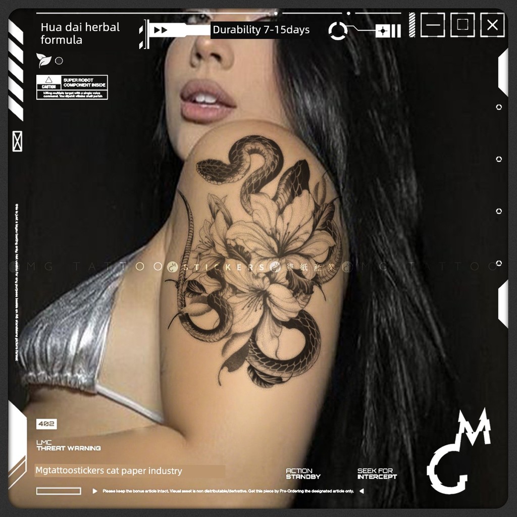 แทททู tattoo กันน้ำ MG tattoo รอยสักสมุนไพร American Dark Plain Flower Snake Pattern Flower Arm Wate