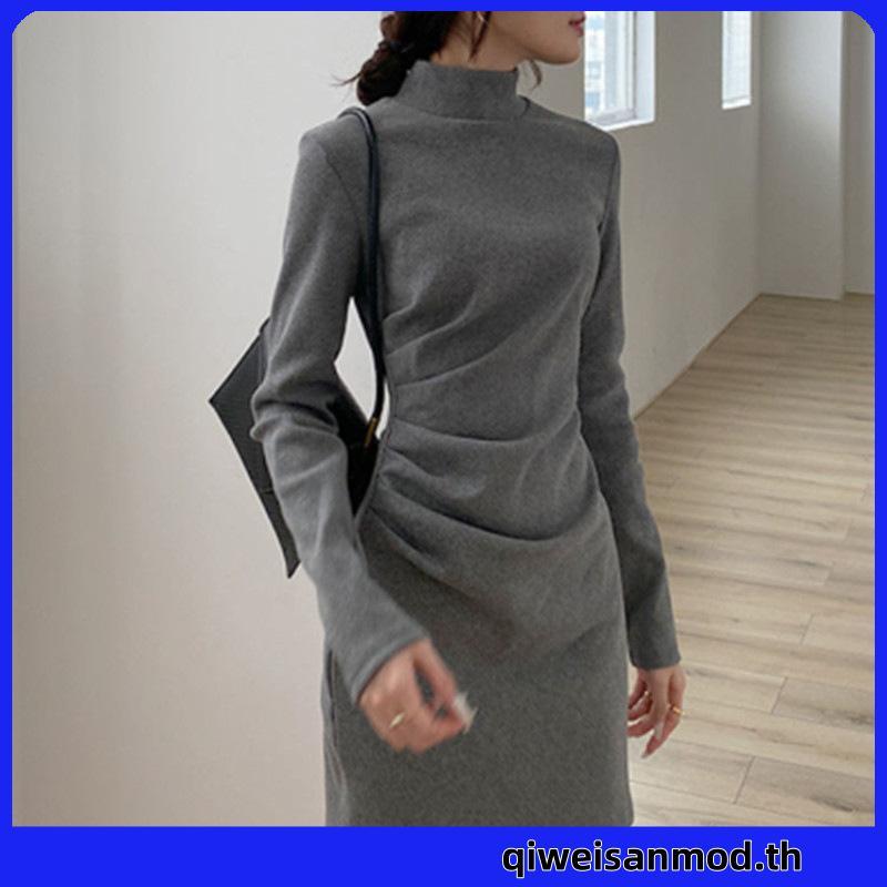 Ram ชุดเดรสแขนยาว คอเต่า ผ้ากํามะหยี่ เข้ารูป สไตล์ฮ่องกง เซ็กซี่ สําหรับผู้หญิง OTC