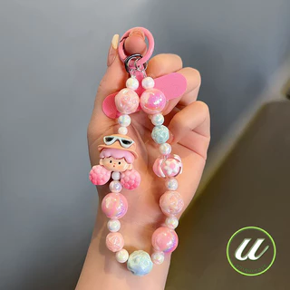 สายจี้โทรศัพท์ลูกปัด สีชมพู-ดำ หัวใจ ดอกไม้ น่ารัก ทันสมัย